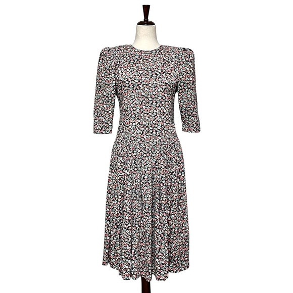Paquette Petite Vintage 80s Puff Sleeve Ditsy Floral Midi Dress Size 10P - Picture 2 of 13